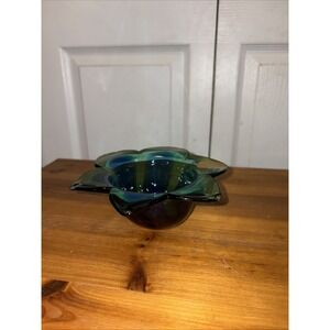 Murano Style Glassware Crystal Italy Blue And Green Flower petals Candle holder